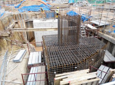JOHOR, MALAYSIA -DECEMBER 9, 2015: Pile cap reinforcement bar fabricated by construction workers at the construction site in Johor, Malaysia.