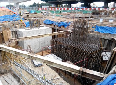 JOHOR, MALAYSIA -DECEMBER 9, 2015: Pile cap reinforcement bar fabricated by construction workers at the construction site in Johor, Malaysia.