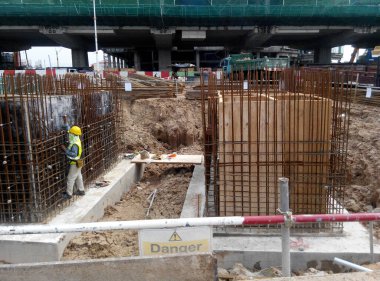 JOHOR, MALAYSIA -DECEMBER 9, 2015: Pile cap reinforcement bar fabricated by construction workers at the construction site in Johor, Malaysia.