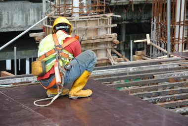 MALACCA, MALAYSIA -MAY 25, 2016: Construction workers fabricating timber form work at the construction site in Malacca, Malaysia. The form work was mainly made from timber and plywood. 