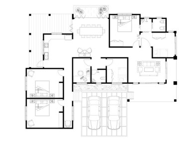 3 büyük yatak odası, 2 küçük yatak odası, 2 banyo, balkon, mobilya, mutfak, oturma odası verandası ve mobilyası olan 2D ev planı. Siyah beyaz çizim. 