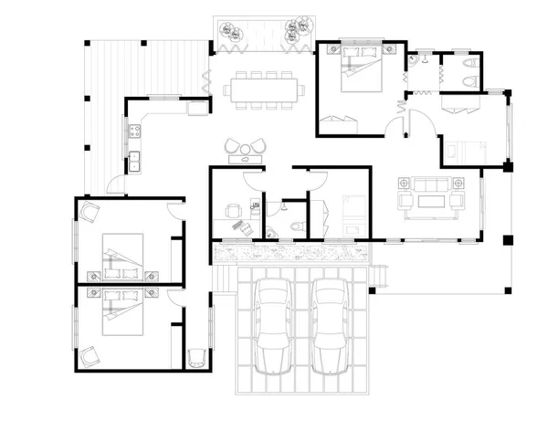 2D CAD house layout plan drawing with 3 large bedrooms and 2 small bedroom complete with 2 bathrooms, balcony, furniture, kitchen, living room porch and furniture. Drawing produced in black and white.