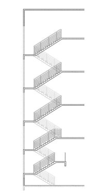 Binanın 4 katını birleştiren merdivenlerin 2D CAD mimari çizim bölümü. Merdivenlerin her iki tarafında çelik korkuluklar var. Basamakların her adımı saymayı kolaylaştırmak için numaralandırılmış..