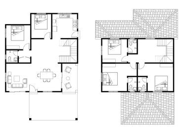 5 yatak odalı, 4 banyosu, balkonu, mobilyası, mutfağı, verandası ve mobilyası olan 2D CAD 2 katlı bir ev planı. Siyah beyaz çizim. 