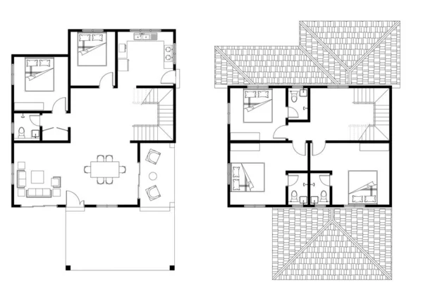 2D CAD 2 story house layout plan drawing with 5 bedrooms complete with 4 bathrooms, balcony, furniture, kitchen, living room porch and furniture. Drawing produced in black and white.