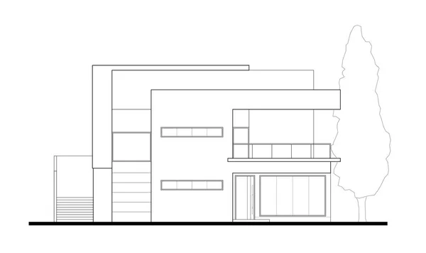 Illustration of the front facade of a two story bungalow with a modern design drawn using CAD. Drawn in black and white.