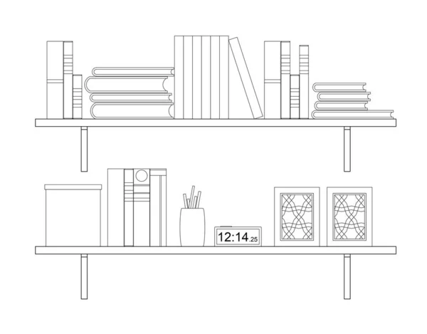 Graphic illustration of an open bookshelf and some other decorations such as a flower pot on it. Drawn with CAD and in black and white.
