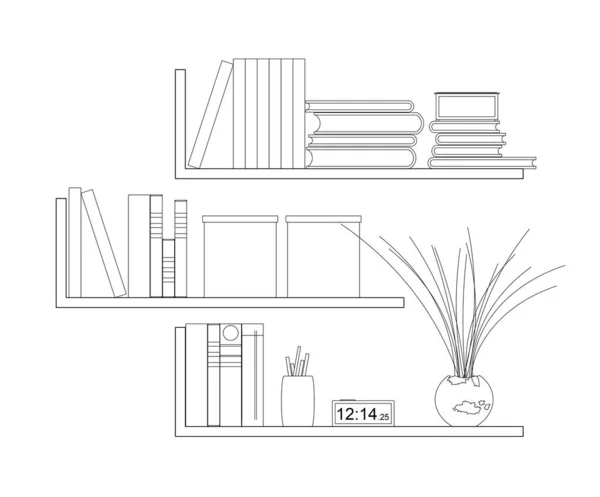 Graphic Illustration Open Bookshelf Some Other Decorations Flower Pot Drawn — Stock Photo, Image