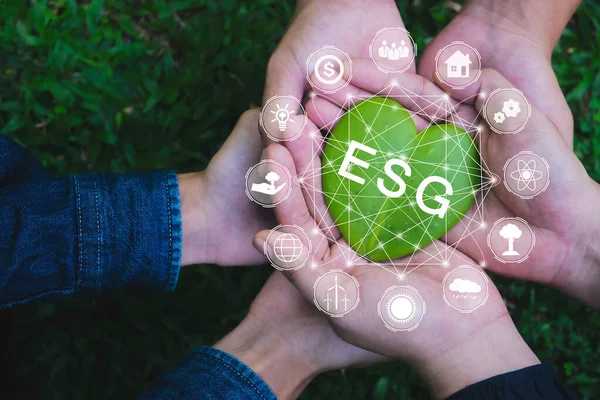 Çevre, sosyal ve yönetim için ESG ikonu kavramına sahip, Ağ bağlantısında sürdürülebilir ve etik sektörde yeşil kalpli yetişkin eller yeşil arka planda