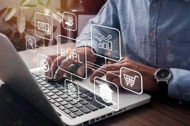 BNPL Buy şimdi daha sonra online alışveriş kavramını ödeyecek. İş adamları online alışveriş ikonları teknolojisiyle bilgisayarı BNPL 'e kullanıyor
