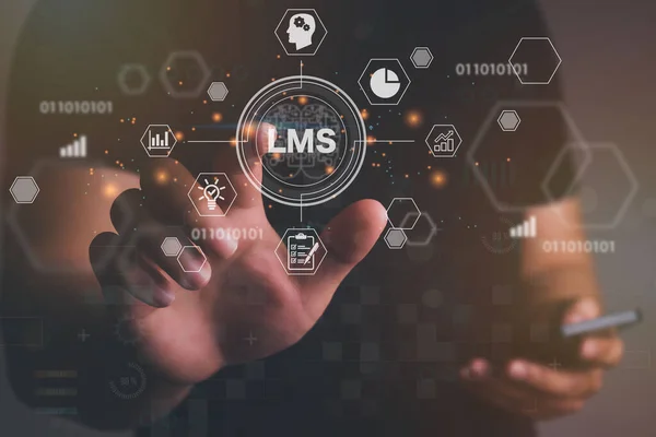 Man Hand Touch Virtual Screen Lms Learning Management System Web — Foto Stock