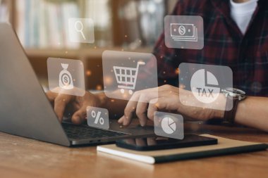 BNPL Buy şimdi daha sonra online alışveriş kavramını ödeyecek. İş adamları online alışveriş ikonları teknolojisiyle bilgisayarı BNPL 'e kullanıyor