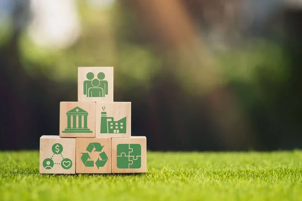 Taklit alanı, sosyal ve kurumsal yönetim kavramına sahip ESG simgesiyle tahta küp bloğu. ESG modernizasyon gelişimi yenilenebilir kaynakların teknolojisini kullanarak kirliliği ve karbon emisyonunu azaltmak.