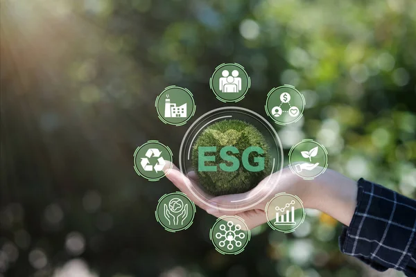 World sustainable environment concept. Hand of human holding green earth ESG icon for Environment Social and Governance.