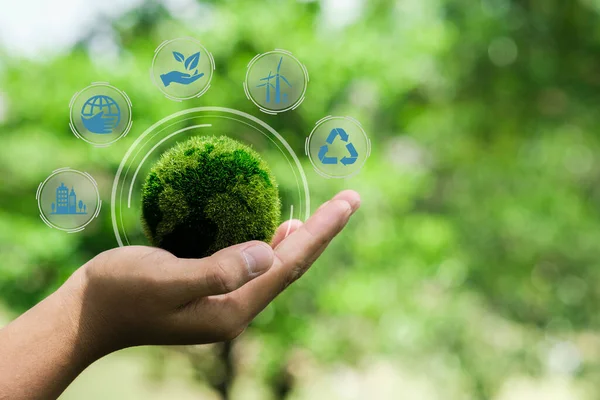 Conceito Ambiente Sustentável Mundial Mão Humana Segurando Terra Verde Ícone — Fotografia de Stock