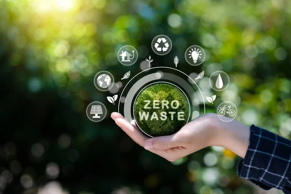 Yeşil toprağı tutan insan eli Atık Sıfır simgesi. Harflerle yeniden kullanılabilir ve geri dönüşümlü ürünler. Yeşil olsun, eko tarzı olsun, plastik olmasın, gezegen nesnelerini ev, alışveriş ve kozmetik ürünleri için sakla..