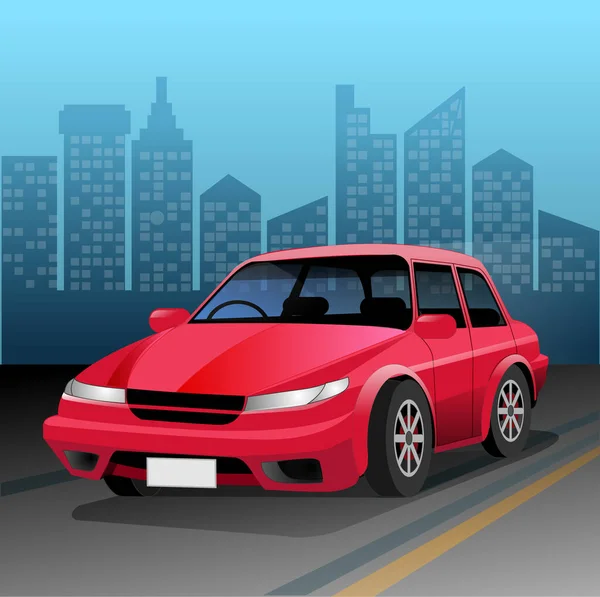 Vektor Ilustrasi Mobil Merah Pada Latar Belakang Bangunan Perkotaan - Stok Vektor