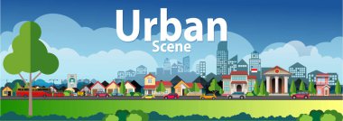 Vektör illüstrasyon, hızla büyüyen şehir merkezinin manzarası büyük bir şehir, şehir manzarası.