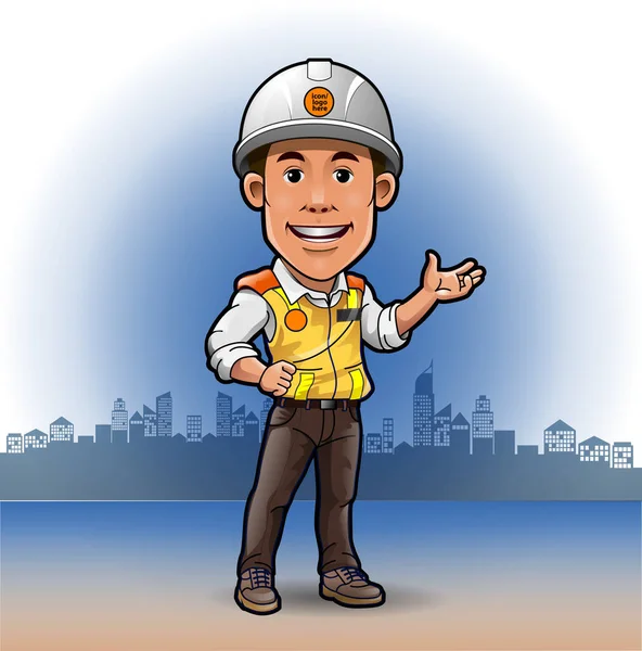 Vector Illustration Mascot Construction Worker Building Engineer — Stock Vector