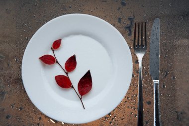 Sonbahar servis edilir. Sonbahar yaprakları tabakta. Mevsimlik menü kavramı, sonbahar mevsiminin başlangıcı..