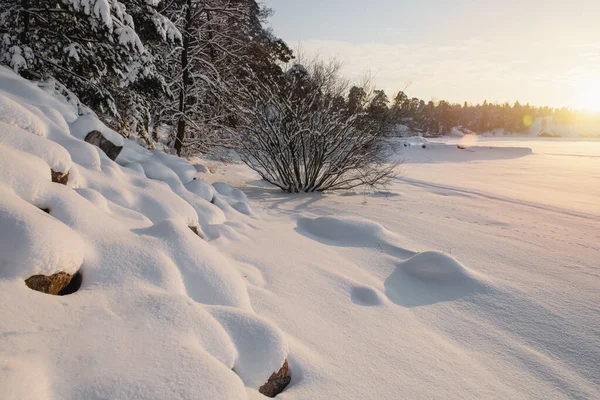 Снежный зимний пейзаж на закате. — стоковое фото