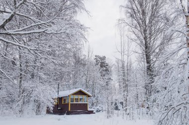 Karla kaplı ahşap bir kulübe..