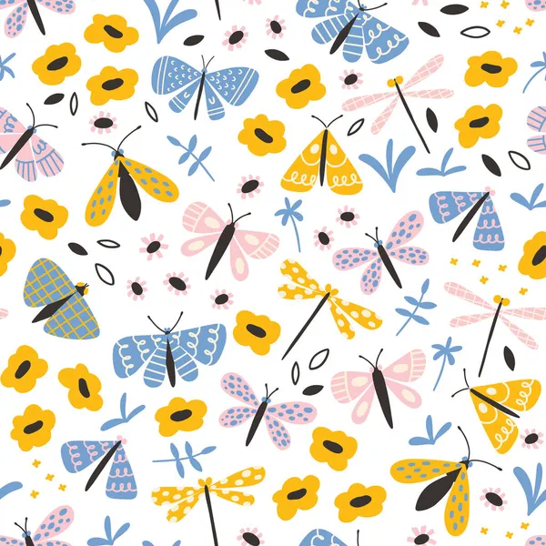 Vlinder en wilde bloem naadloos patroon. Leuke doodle met de hand getekende insecten in trendy pastelkleuren. — Stockvector