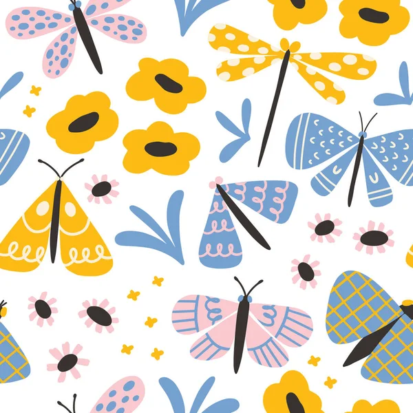 Vlinder en wilde bloem naadloos patroon. Leuke doodle met de hand getekende insecten in trendy pastelkleuren. — Stockvector