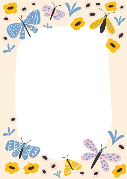 Farfalla cornice lettera floreale. Grazioso bordo pastello con farfalle, fiori e foglie per invito alla festa dei bambini. — Vettoriale Stock