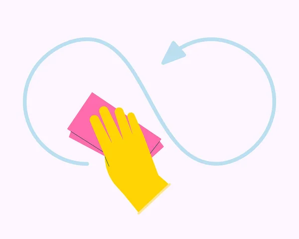 Reinigungstuch in der Hand. Flache Anleitung zur Reinigung der Oberfläche mit Handschuhen und Mikrofasertuch. — Stockvektor