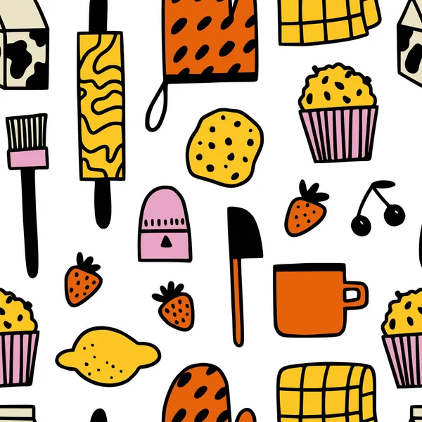 Backutensilien nahtlose Muster. Niedliche handgezeichnete Doodle-Icon-Illustration für Bäckerei, Geschirr, Rezeptbuch drucken. — Stockvektor