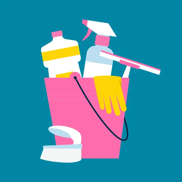 Cubo de limpieza con guantes, cepillo, escobilla y botellas de detergente. — Archivo Imágenes Vectoriales