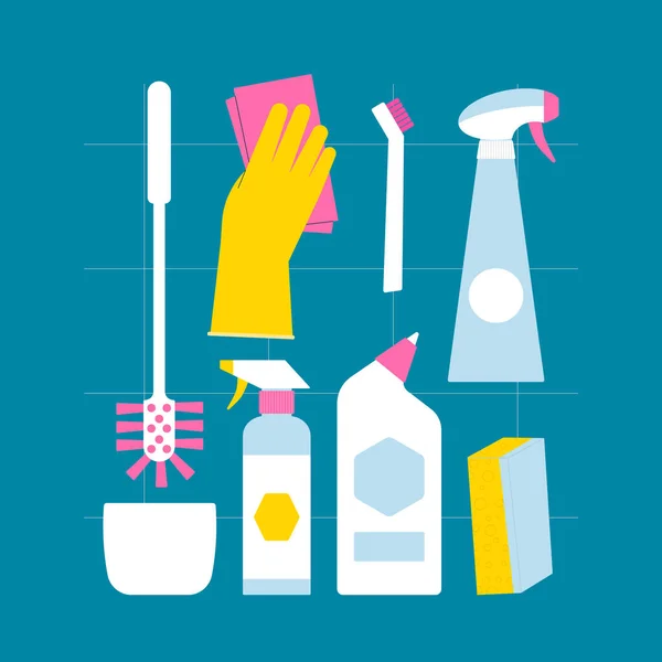 Set de artículos de aseo. Mano en guantes, cepillo y botellas de detergente. — Vector de stock