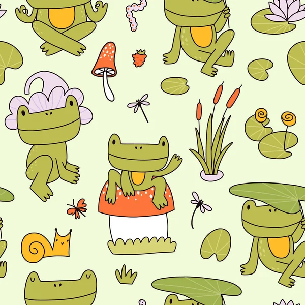 Cute frog seamless pattern. Sweet doodle toads with mushrooms, dragonflies and water lilies. — Stockvector