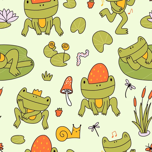 Cute frog seamless pattern. Sweet doodle toads with mushrooms, dragonflies and water lilies. — Stockový vektor