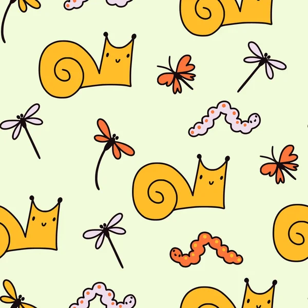Cute snail seamless pattern. Sweet doodle animals with butterflies and dragonflies. — Stockvector