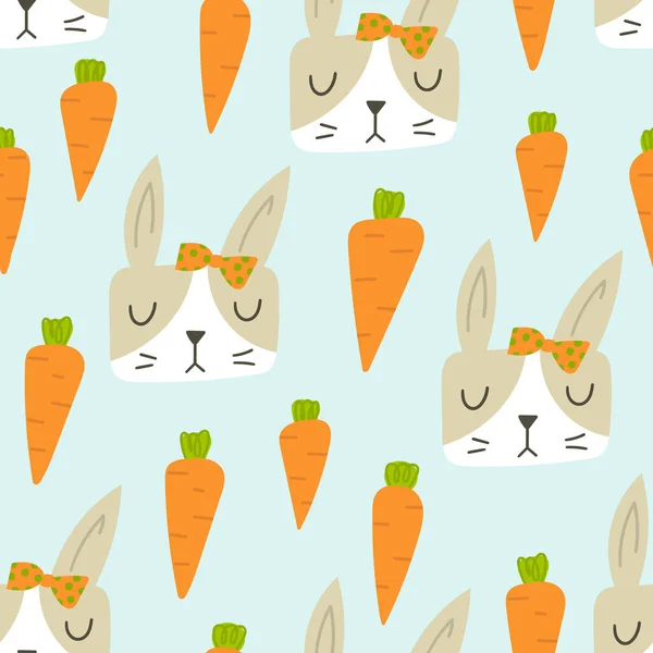 Conejito y zanahoria patrón sin costuras. Lindo fondo de Pascua - zanahorias dibujadas a mano para conejos. — Archivo Imágenes Vectoriales