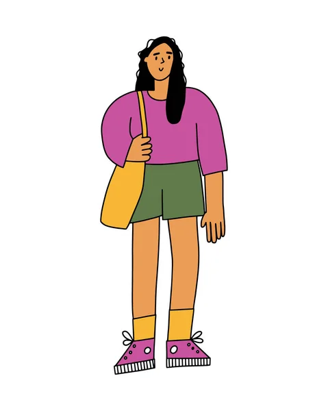 Mulher de pé com sacola. Roupa de menina doodle desenhada à mão com camisola, shorts e tênis. — Vetor de Stock