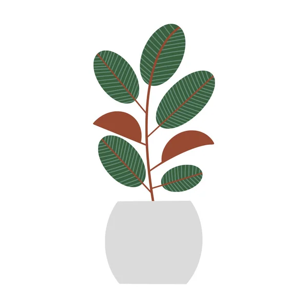 Резиновое растение в цветочном горшке. Плоский ручной рисунок листвы фикуса для современной офисной или домашней иллюстрации. — стоковый вектор