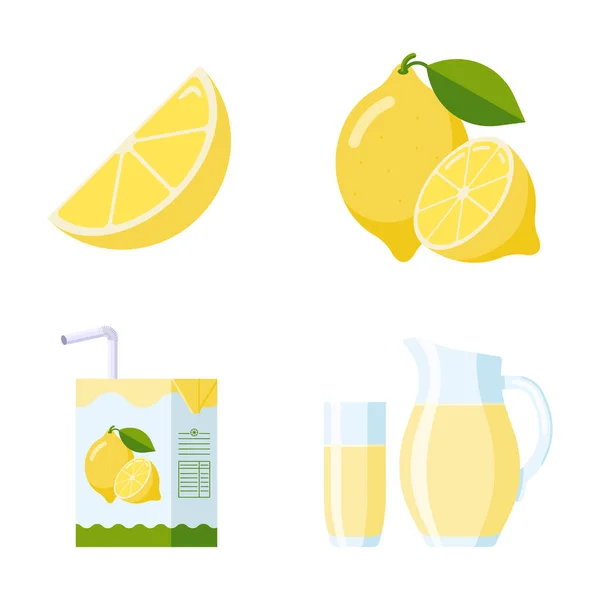 Conjunto de fruta fresca de limón y limonada. Colección de estilo plano. Rebanada de limón y fruta entera, paquetes de jugo de limón — Vector de stock