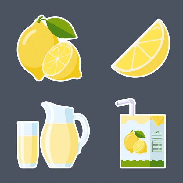Färsk Lemon Fruit och Lemonade klistermärke Set. Flat Style-kollektion: citronskiva och hel frukt, citronsaftförpackningar — Stock vektor