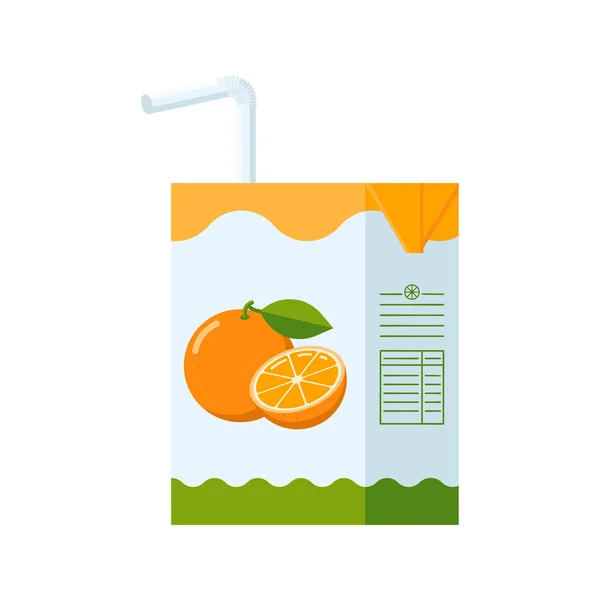 Apelsinjuice Kartong Med Dricka Halm Platt Stil Citrusdrycksikon För Logotyp — Stock vektor