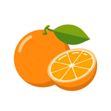 Taze Portakal Meyve Simgesi. Düz stil. Logo, menü, amblem, şablon, çıkartmalar, baskılar, yemek paketi tasarımı ve dekorasyonu için dilimlenmiş taze narenciye çizimi