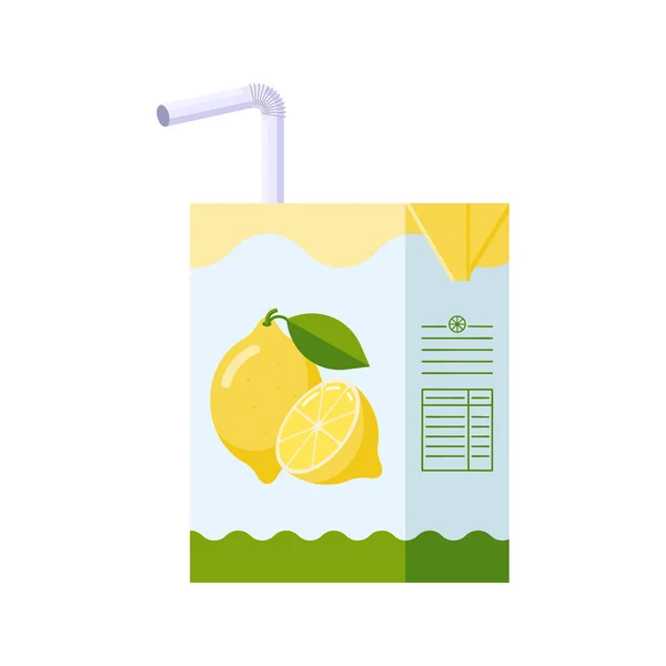 Citronsaftkartong Med Dricksugrör Platt Stil Citrusdrycksikon För Logotyp Meny Emblem — Stock vektor