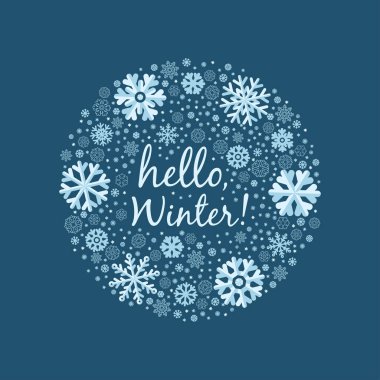 Kış tebrik kartı. Selamlama ve davetiye kartı tasarımı ve dekorasyonu için Hello Winter tema şablonu.  