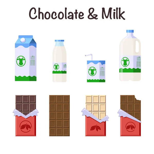 Set Van Chocolade Zuivelproducten Platte Stijl Collectie Snoeprepen Melk Verschillende — Stockvector