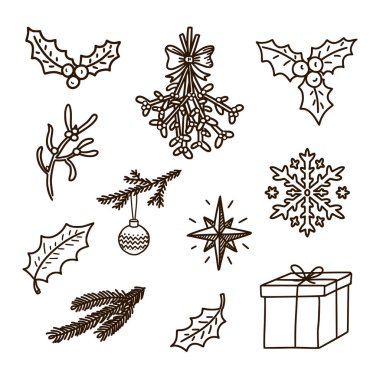 Mutlu Noel Dekorasyonları. Doodle stili. Geleneksel tebrik ve davetiye kartı tasarımı ve dekorasyonu için geleneksel biblo, poster, etiket, ambalaj kağıdı