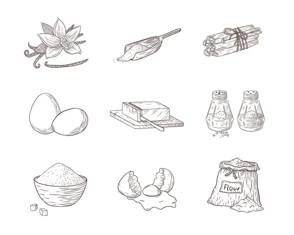 Ensemble Illustrations Gravées Ingrédients Cuisson Collection Croquis Alimentaires Dessinés Main — Image vectorielle