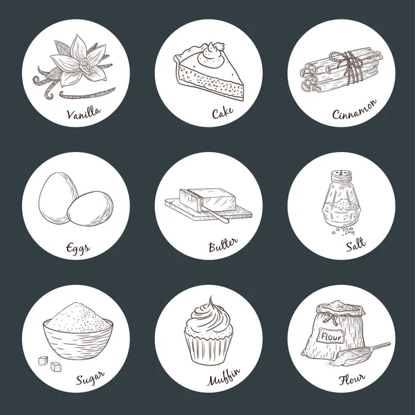Ensemble Autocollants Illustration Gravés Ingrédients Cuisson Collection Croquis Alimentaires Dessinés — Image vectorielle