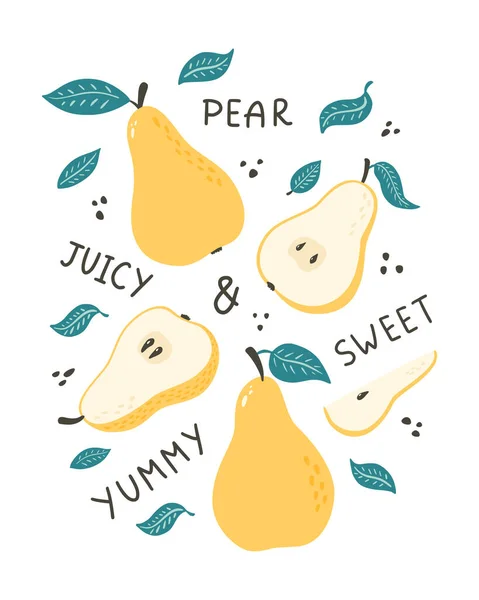 Doodle Pears Poster Hand Drawn Fruits Lettering Illustration Menu Market — Vettoriale Stock